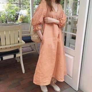 V-neck 3/4-sleeve Midi A-line Dress Orange Pink - One Size