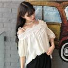 Lace Trim Cold Shoulder Elbow-sleeve Chiffon Blouse