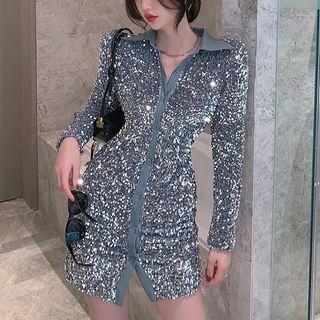 Long-sleeve Collared Sequined Mini Bodycon Dress