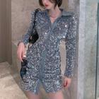 Long-sleeve Collared Sequined Mini Bodycon Dress
