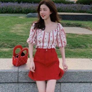 Puff-sleeve Floral Top / A-line Skirt