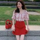 Puff-sleeve Floral Top / A-line Skirt