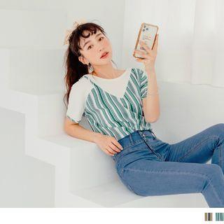 Short Sleeve Asymmetrical Stripe Mock Two Piece T-shirt