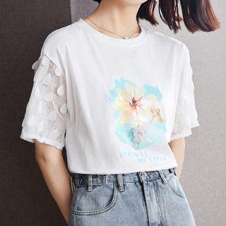 Lace-sleeve Flower Print Top