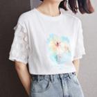 Lace-sleeve Flower Print Top