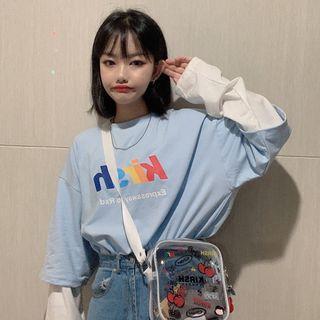 Lettering Mock Two Piece Long-sleeve T-shirt Light Blue - One Size