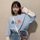 Lettering Mock Two Piece Long-sleeve T-shirt Light Blue - One Size