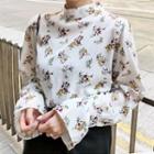 Mock-neck Ruffle-cuff Floral Blouse