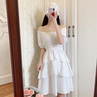 Short-sleeve Off-shoulder Midi A-line Tiered Dress As Shown In Figure - One Size