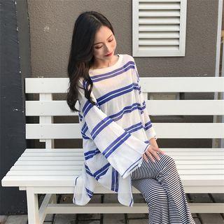 Long-sleeve Striped Long Top / Striped Boot-cut Pants