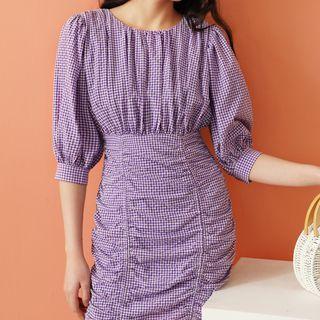 Plaid Elbow-sleeve Ruched Mini Sheath Dress