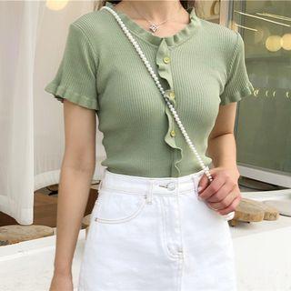 Frill Trim Short-sleeve Buttoned Knit Top