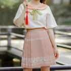 Sailor Collar Short-sleeve Blouse / Printed Mini Pleated Skirt