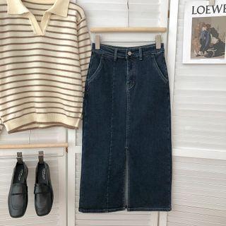 High-waist Split Denim A-line Midi Skirt
