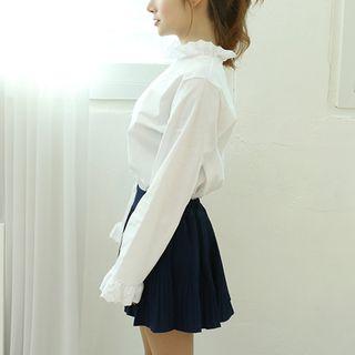 Frilled-neck Zip-back Cotton Blouse