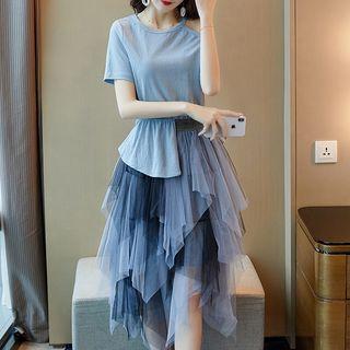 Short-sleeve Mock Two-piece Mesh Dress