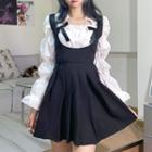 Set: Puff-sleeve Blouse + Mini A-line Overall Dress