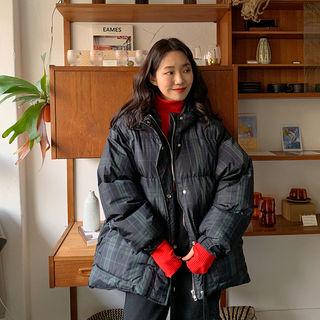 Hooded Belted Plaid Puffer Jacket Dark Green - One Size