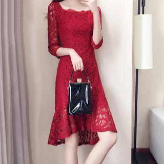 3/4-sleeve Ruffle Hem Lace Sheath Dress