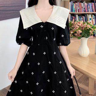 Puff-sleeve Navy Collar Dress