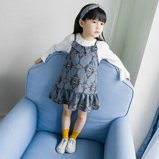 Set Of Two: Long-sleeve Bell-sleeve Plain Top + Spaghetti-strap Floral Print Dress