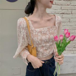 Long-sleeve Square-neck Cropped Lace Blouse