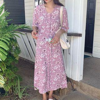 Floral Single-breasted V-neck Chiffon Dress