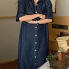 Short-sleeve Denim Midi A-line Dress Dark Blue - One Size