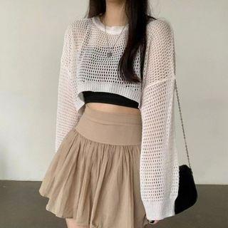 Long Sleeve Eyelet Knit Crop Top