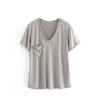 Pocket-front V-neck Short-sleeve Top