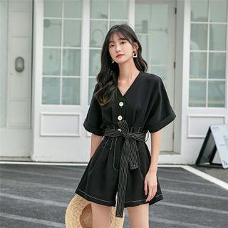 Short-sleeve Sashed Playsuit Black - One Size