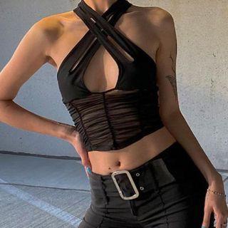 Plain Mesh Panel Halter Crop Top