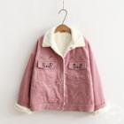 Cat Embroidered Snap Button Corduroy Jacket