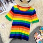 Short-sleeve Striped Knit Top Yellow - One Size