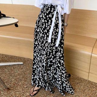 Floral Print Midi A-line Skirt White Floral - Black - One Size