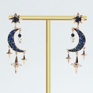 Rhinestone Faux Pearl Moon & Star Dangle Earring 1 Pair - As Shown In Figure - One Size