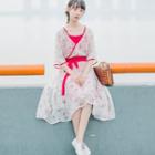Set: Elbow-sleeve Floral Chiffon Midi A-line Dress + Slipdress