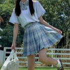 Short-sleeve Blouse / Plaid Pleated Skirt / Tie / Bow / Set