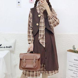 Button Vest / Long-sleeve Plaid Shirt / Midi A-line Skirt