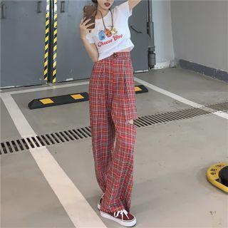 Short-sleeve Cartoon Print T-shirt / Plaid Cutout Wide Leg Pants