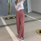 Short-sleeve Cartoon Print T-shirt / Plaid Cutout Wide Leg Pants
