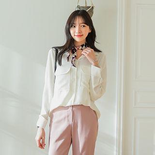Flap-pocket Tab-sleeve Crepe Shirt
