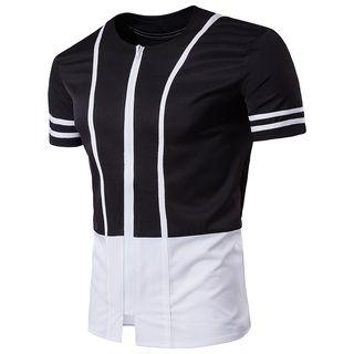 Color Block Zip-front Short-sleeve T-shirt