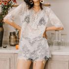 Elbow-sleeve Sheer Lace Top White - One Size