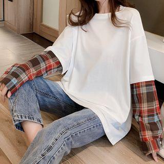 Mock Two-piece Plaid Panel T-shirt White - One Size