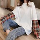 Mock Two-piece Plaid Panel T-shirt White - One Size