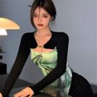 Long-sleeve Mock Two-piece Slim-fit Top / Plain Slim-fit Skirt (various Designs)