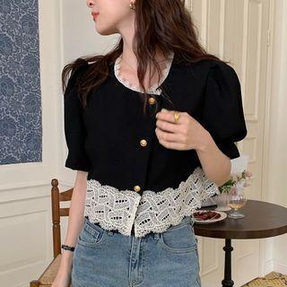 Short-sleeve Lace Trim Button-up Jacket Black - One Size