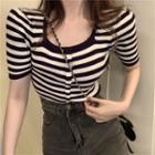 Short-sleeve Striped Ribbed T-shirt As Shown In Figure - One Size