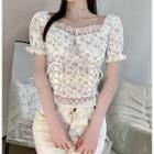 Short-sleeve Lace Trim Floral Lace Up Top White - One Size